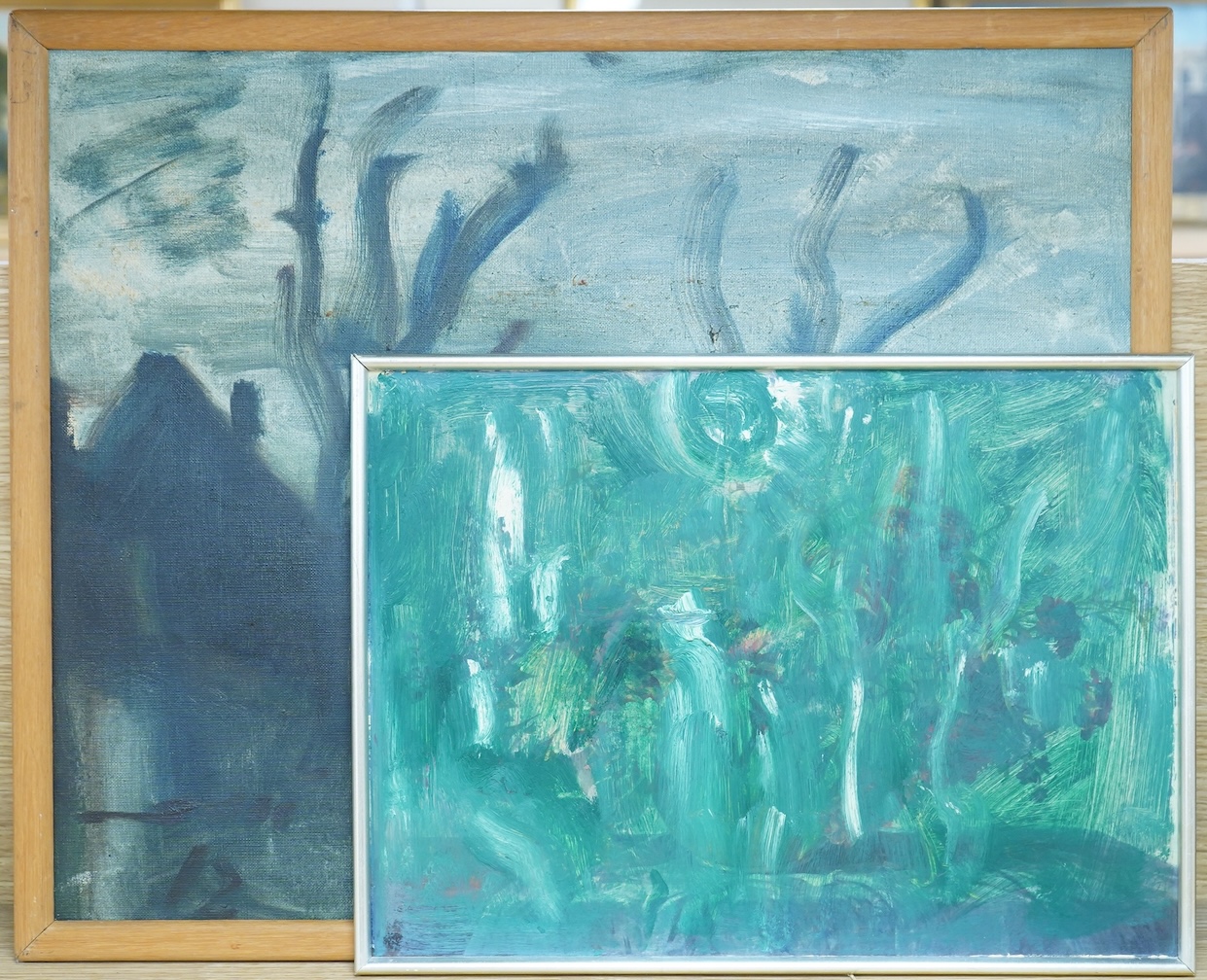 20th century, Figures before a landscape, inscribed verso, oil on canvas, together with an abstract oil on board, possibly by the same hand, largest 42 x 53cm